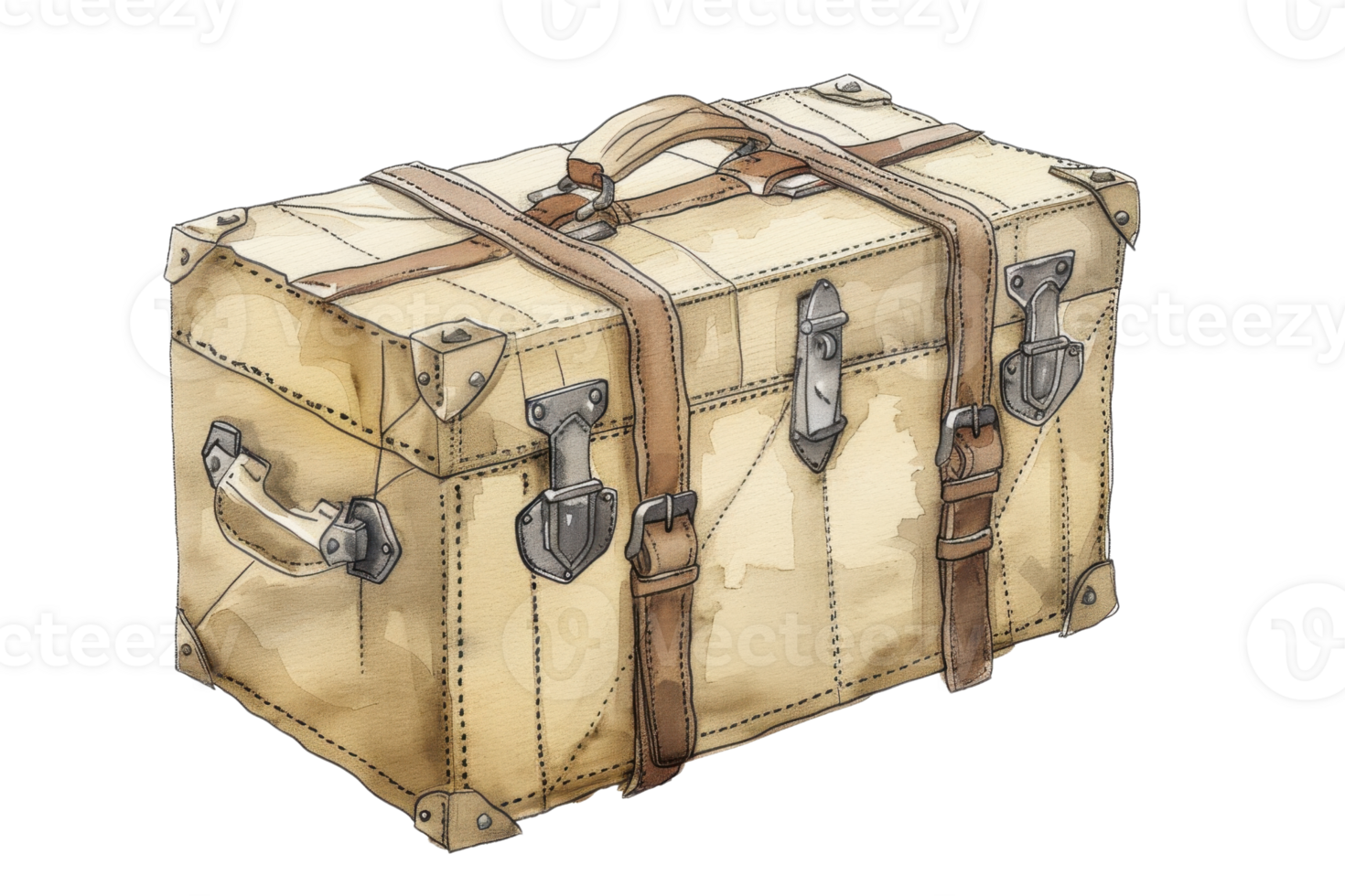 Illustration of a vintage brown suitcase with leather straps and metal buckles, perfect for travel or adventure-themed designs. png