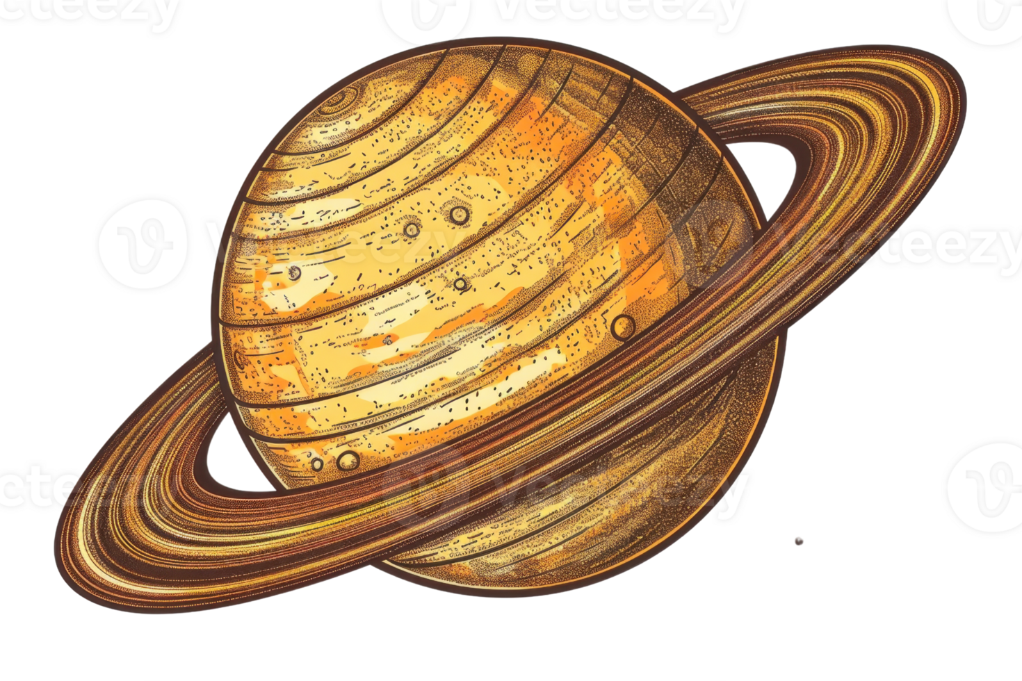 Illustrated depiction of Saturn with detailed rings, showcasing the planet's unique structure and coloration in a space-themed art style. png