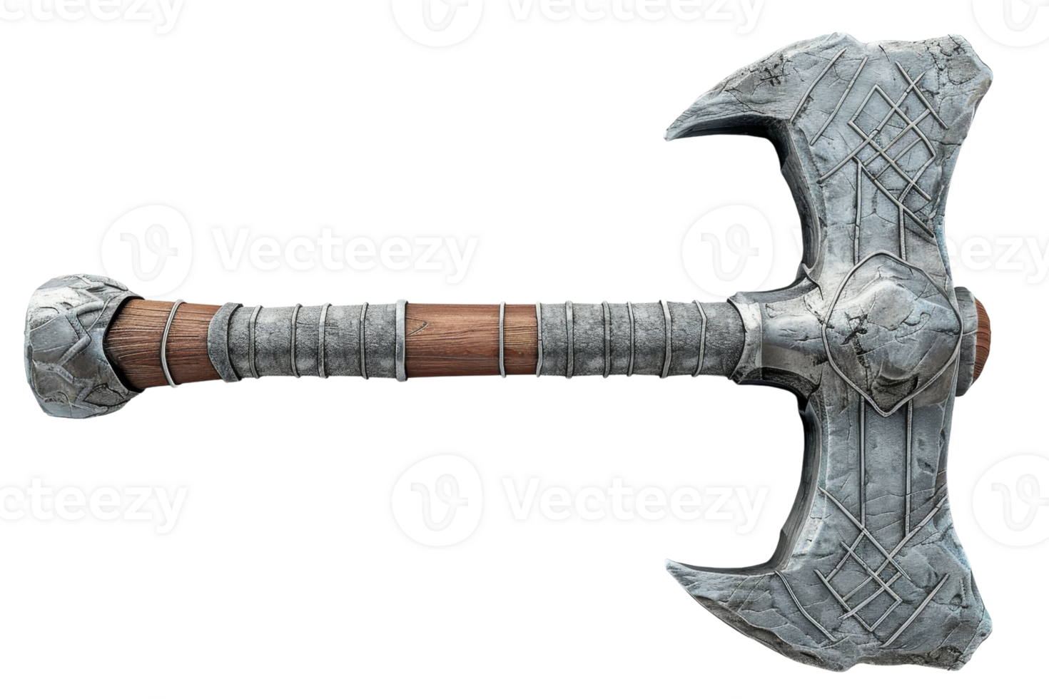 Detailed image of an intricately designed medieval double-headed battle axe with a wooden handle, ideal for fantasy or historical themes. png