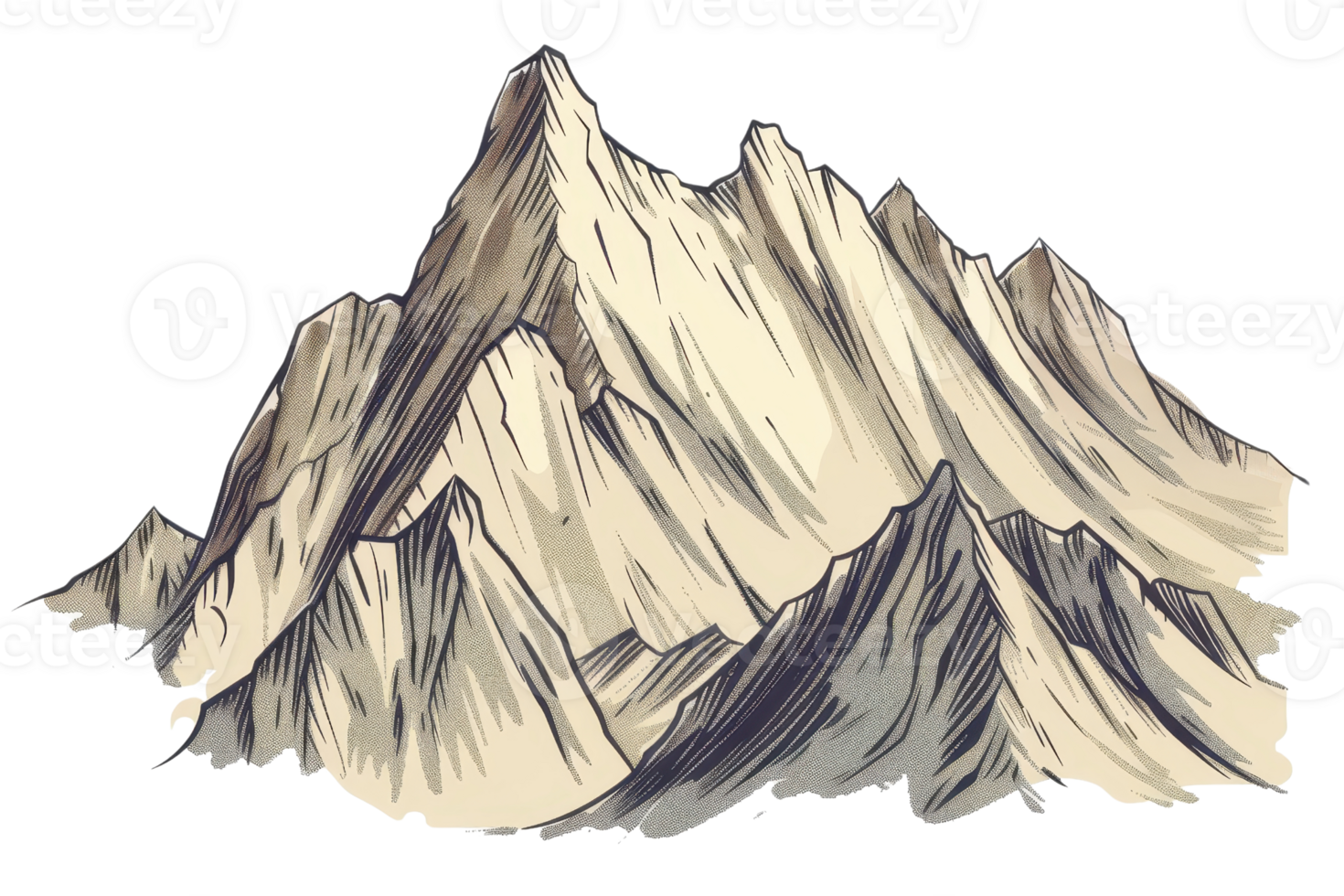 Hand-drawn illustration of a rugged mountain range with peaks and valleys, showcasing detailed line work and shading techniques. png