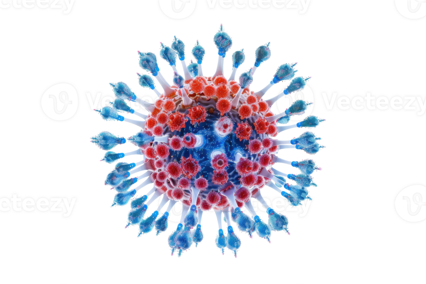 Detailed 3D render of a virus particle with blue and red structures, representing a microscopic view of a pathogen in a scientific model. png