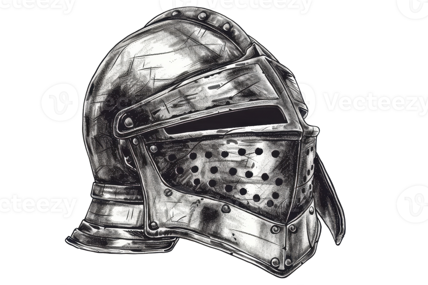 Detailed black and white illustration of a medieval knight helmet with intricate design elements and shading. png