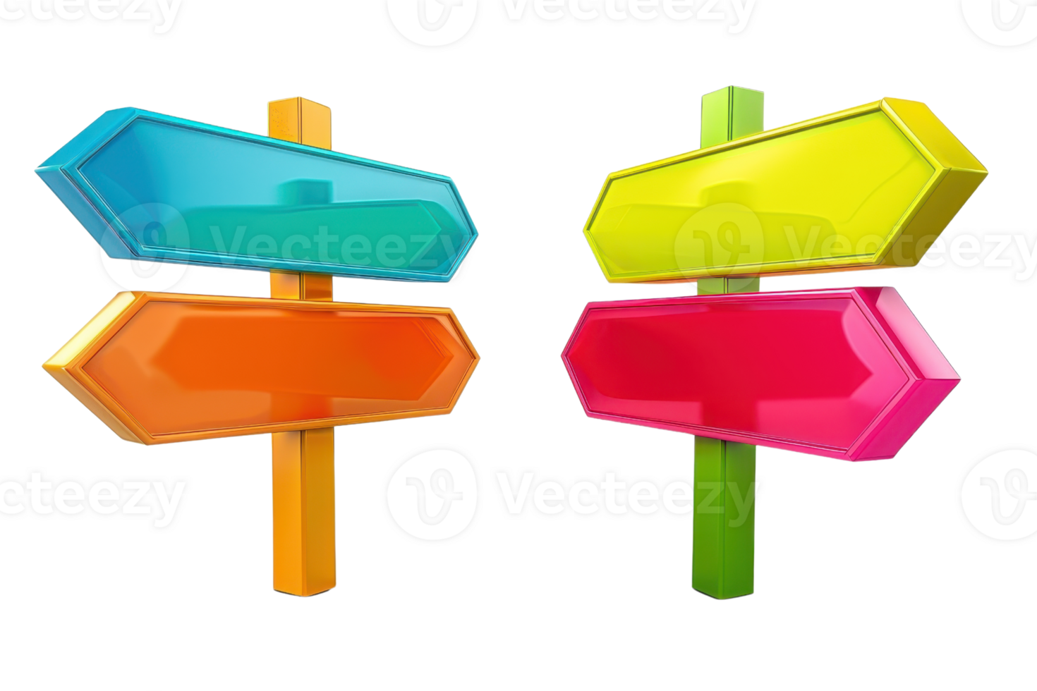 Colorful directional arrows on poles, isolated on transparent background. conveying choices and directions, suitable for navigation concept. png