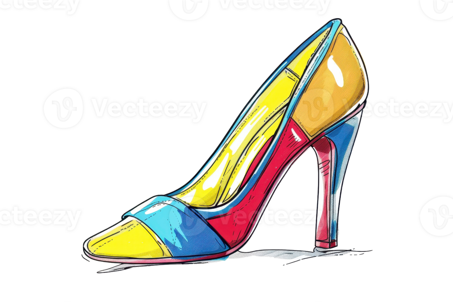 Colorful high-heeled shoe illustration in vibrant shades of yellow, red, and blue, perfect for fashion and design projects. png