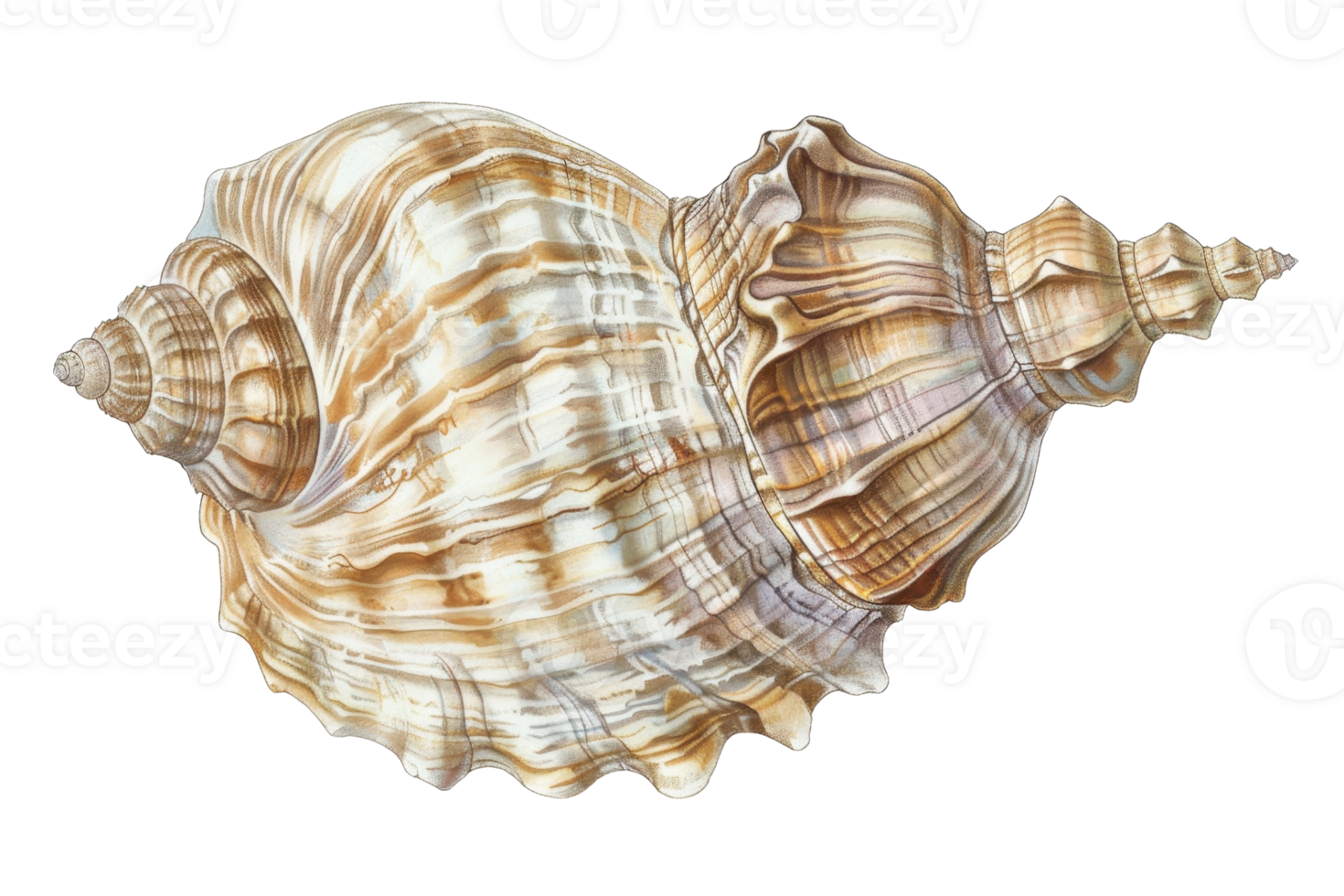 Detailed close-up image of a brown and white seashell with intricate patterns and textures, perfect for marine and coastal-themed designs. png