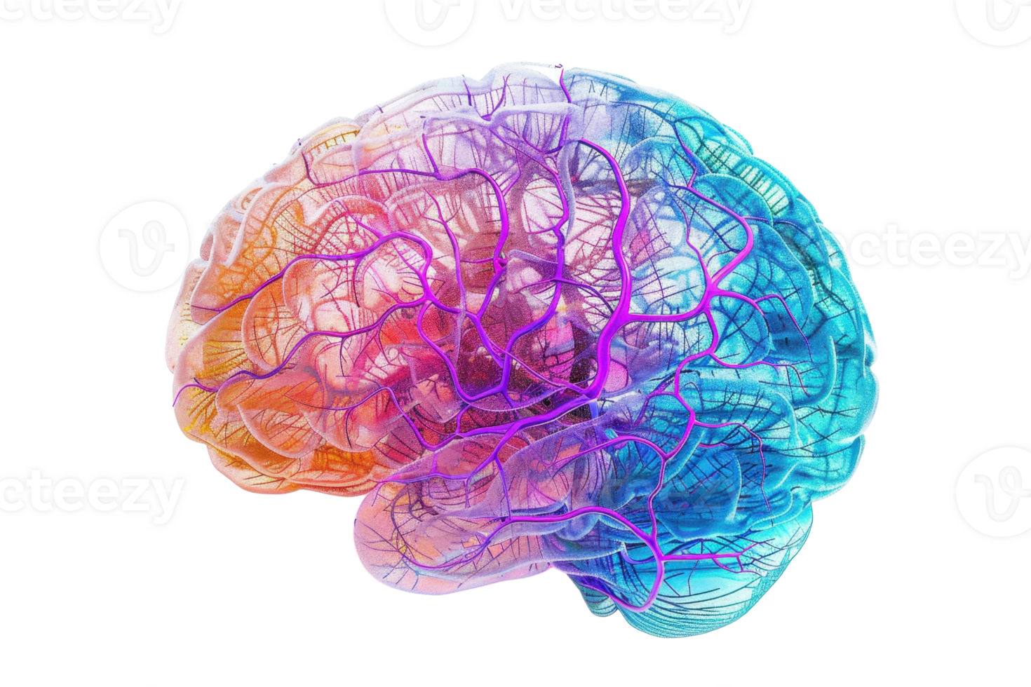Colorful, artistic representation of the human brain highlighting neural networks and connections, illustrating the complexity of the mind. png