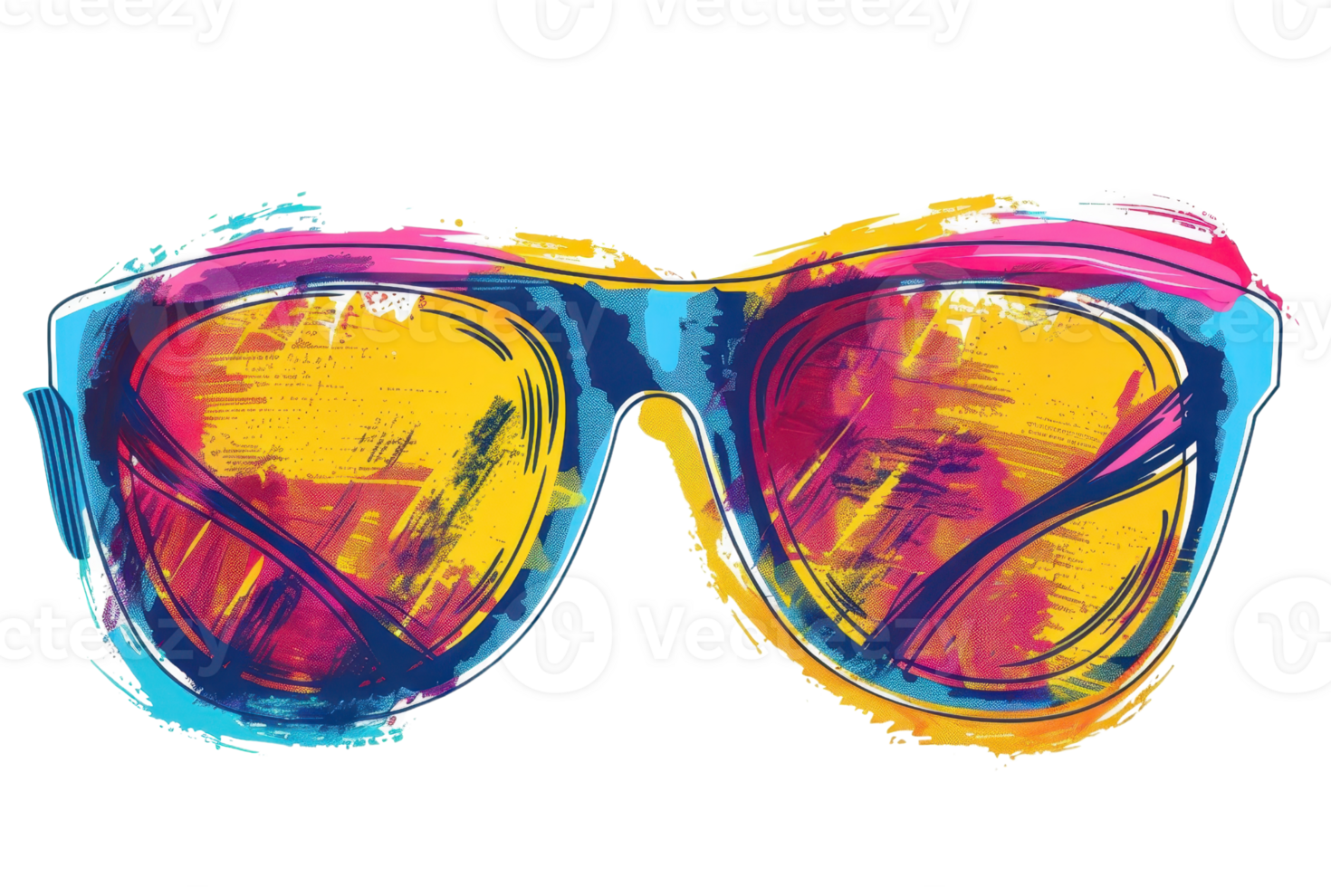 Colorful abstract sunglasses illustration with vibrant brushstrokes in yellow, blue, and pink. Stylish accessory art for summer vibes. png