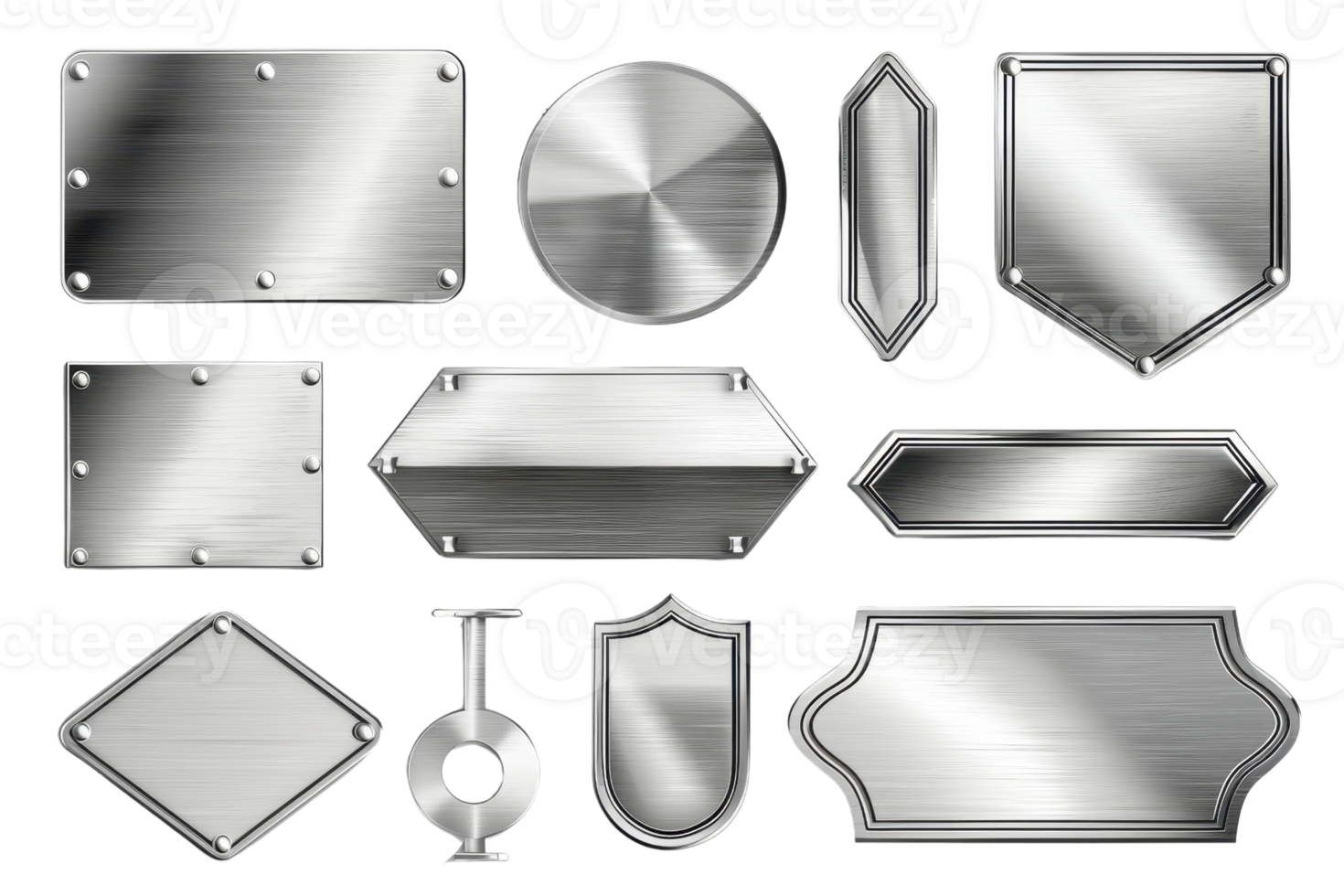 Collection of polished metal nameplates in various shapes and sizes. Perfect for industrial design, branding, and signage projects. png