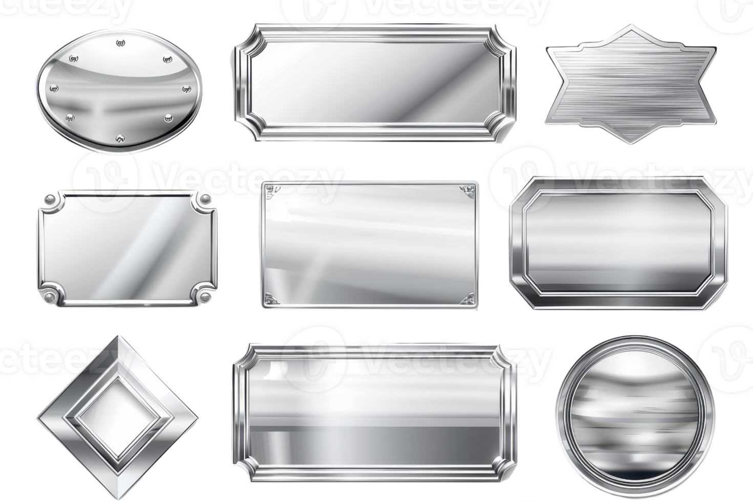 Collection of shiny silver metal badge labels with various shapes and designs, perfect for branding, awards, and graphic design projects. png