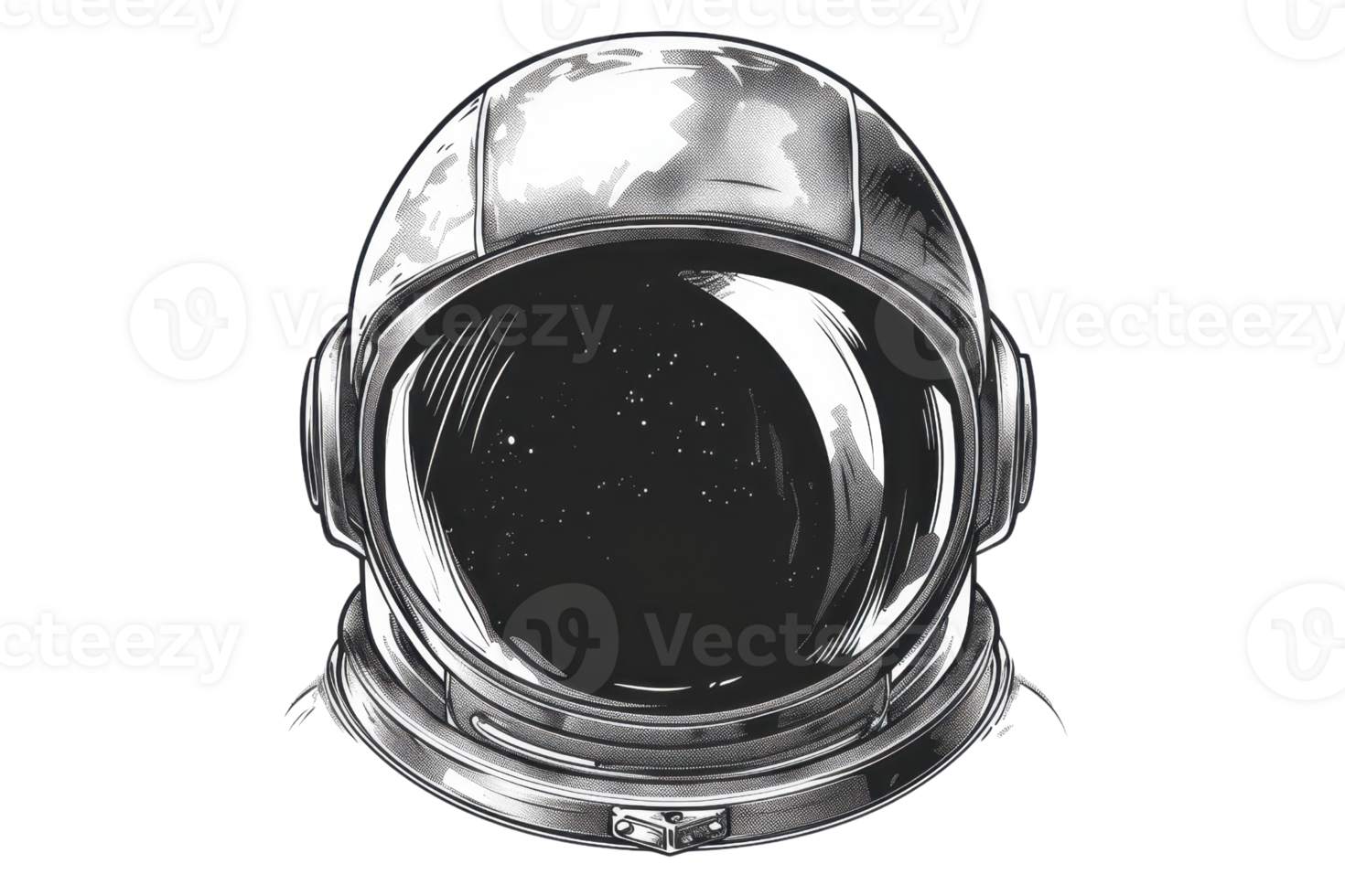 Black and white illustration of an astronaut helmet with space reflected in the visor, representing exploration and adventure. png