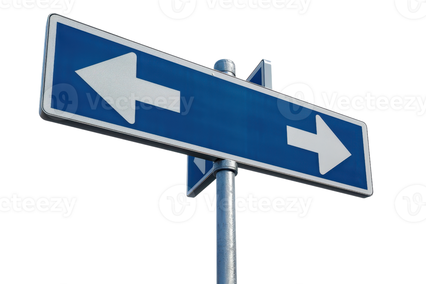 Blue road sign with arrows pointing left and right, indicating directions and choice in navigation under clear sky. png