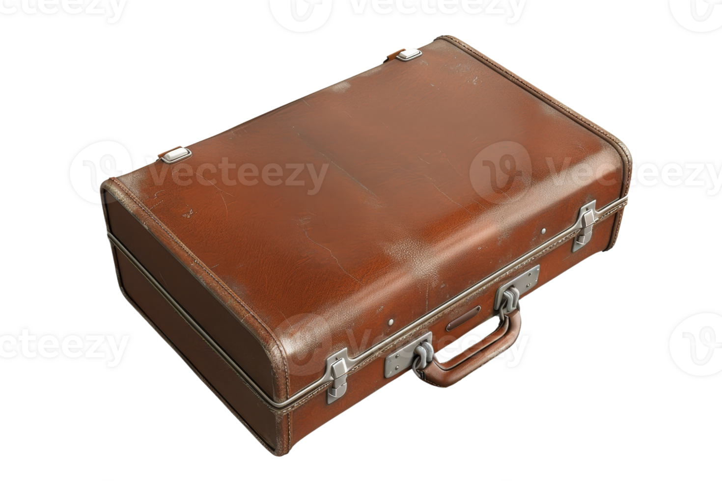 Vintage brown leather suitcase with handle and metal clasps, isolated on transparent background. Perfect for travel or retro-themed decor. png