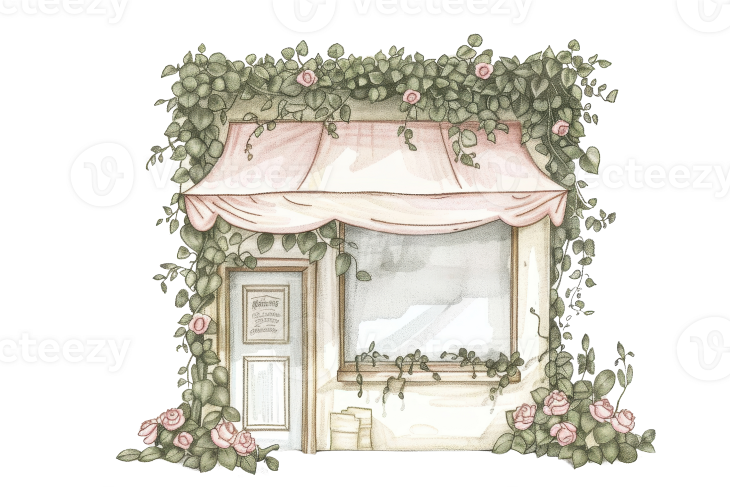 Charming vintage storefront adorned with roses and greenery, featuring a quaint awning and a rustic display window. png