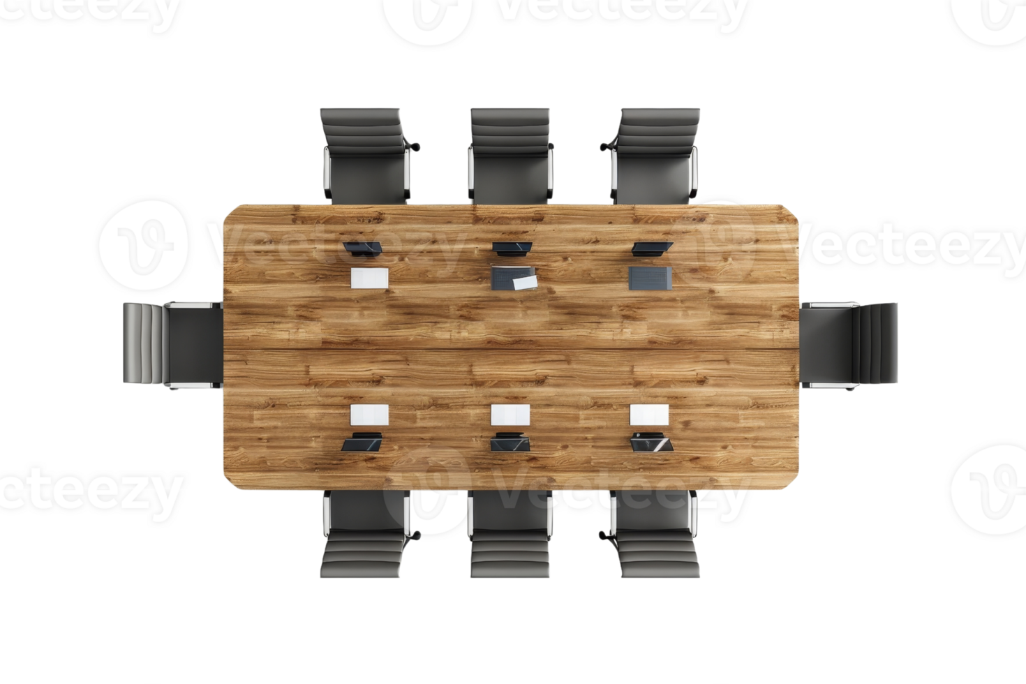 Top view of a modern conference table setup with eight chairs, notepads, and pens, isolated on a transparent background. png