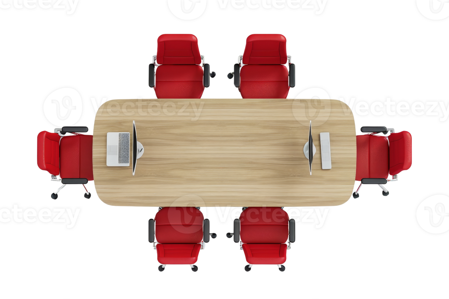 Top view of a modern conference table with red chairs and laptops, ideal for business meeting or office environment concepts. png