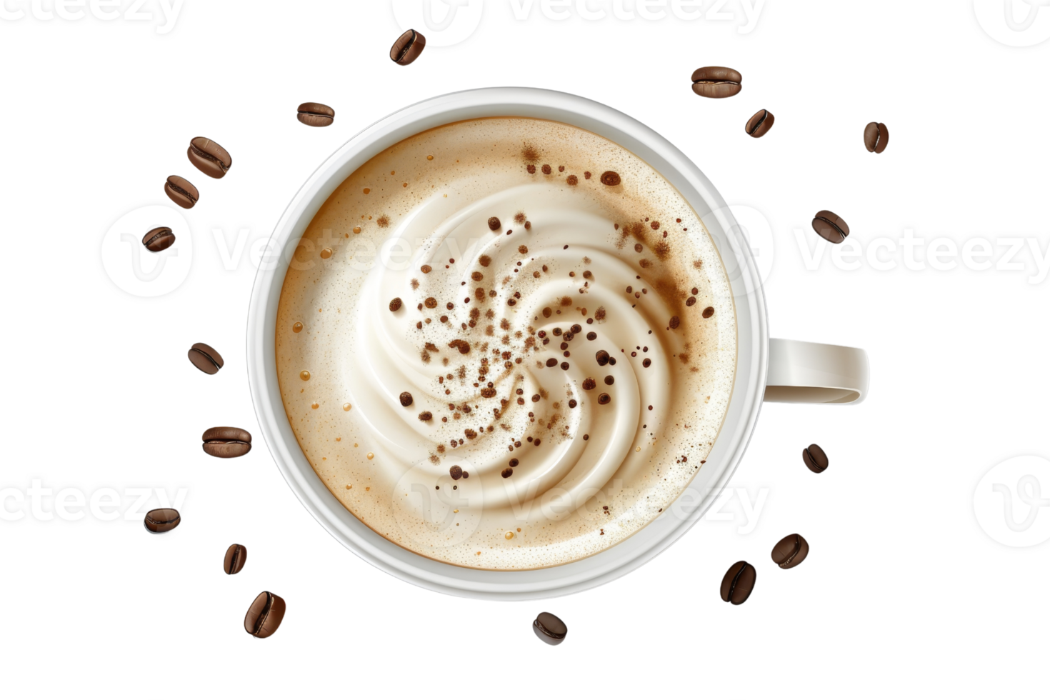 Top view of a coffee cup with creamy froth and sprinkled chocolate, surrounded by coffee beans, isolated on a transparent background. png