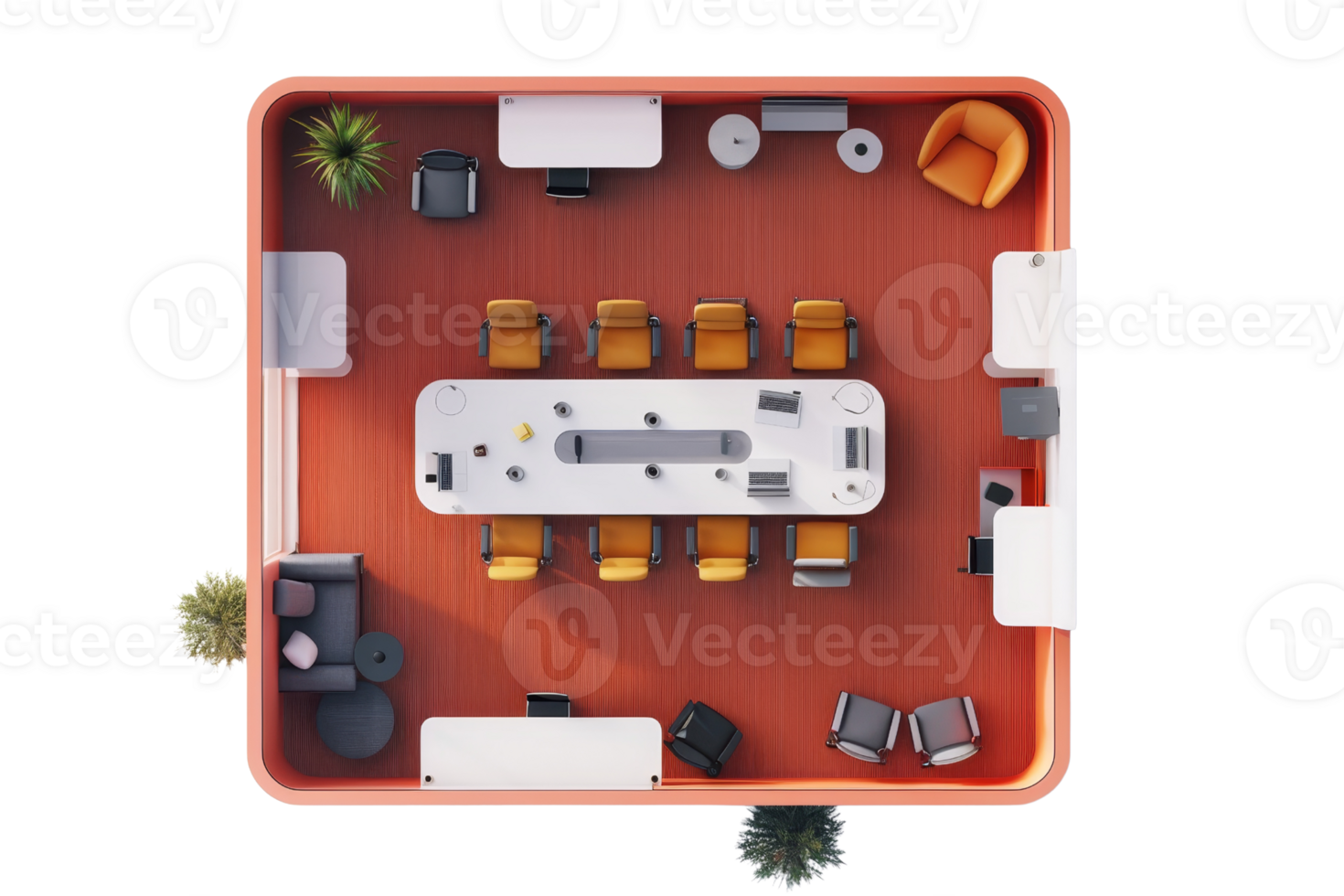 Modern office meeting room with table, chairs, desks, and plants in stylish layout, viewed from above. png