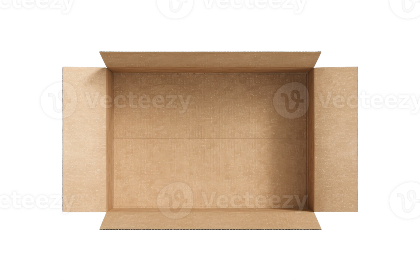 Top view of an open empty cardboard box with flaps, suitable for packaging, shipping, or storage purposes. Brown color and simple design. png