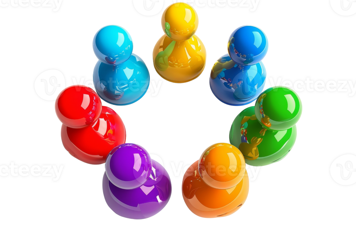 Colorful plastic game pieces arranged in a circle, symbolizing unity and teamwork. Ideal for concepts of diversity, cooperation, and inclusion. png