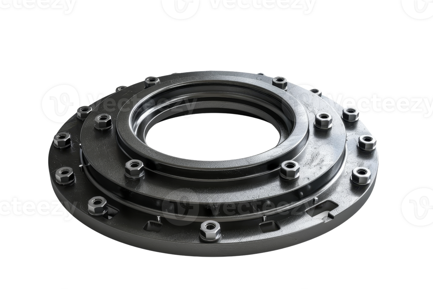 Industrial mechanical part, circular component with bolts, used in engineering and machinery for various applications. png