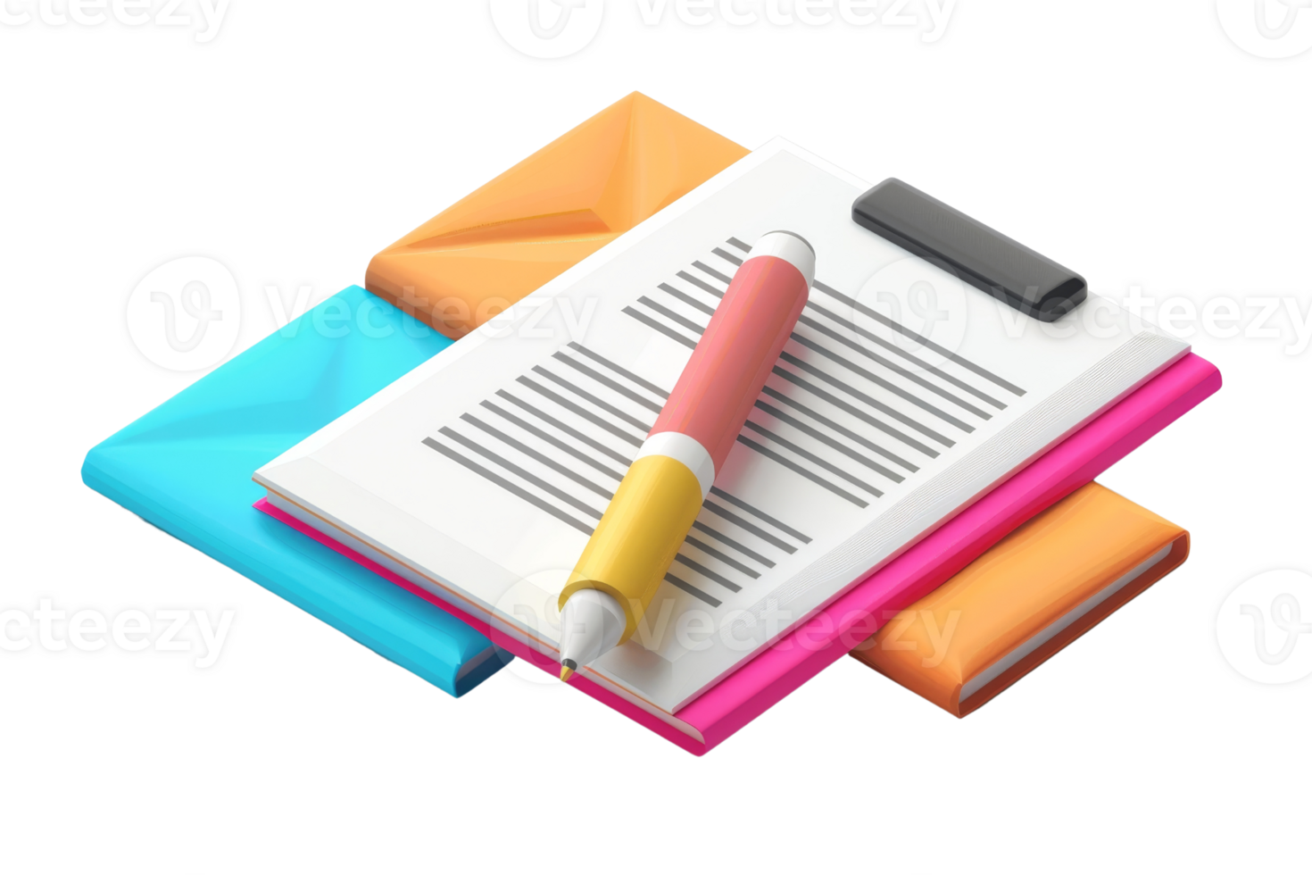 Colorful modern illustration of clipboard with paper, pen, and folders. Perfect for office, organization, and document themes. png