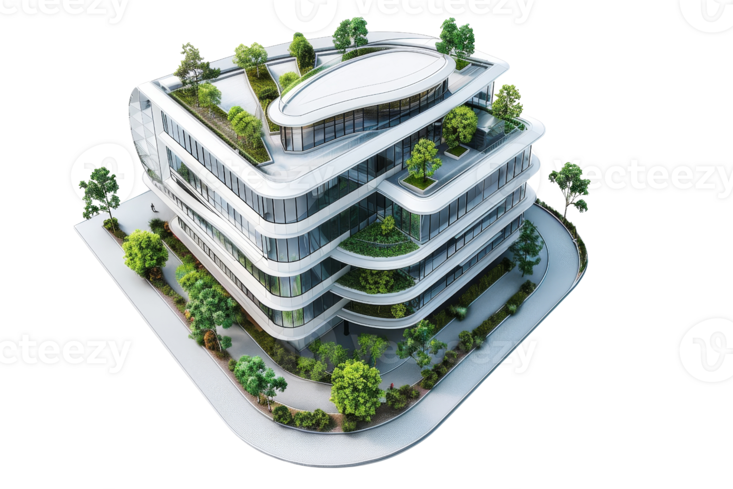 Modern green building with rooftop garden and sustainable design concept, isolated on transparent background. png