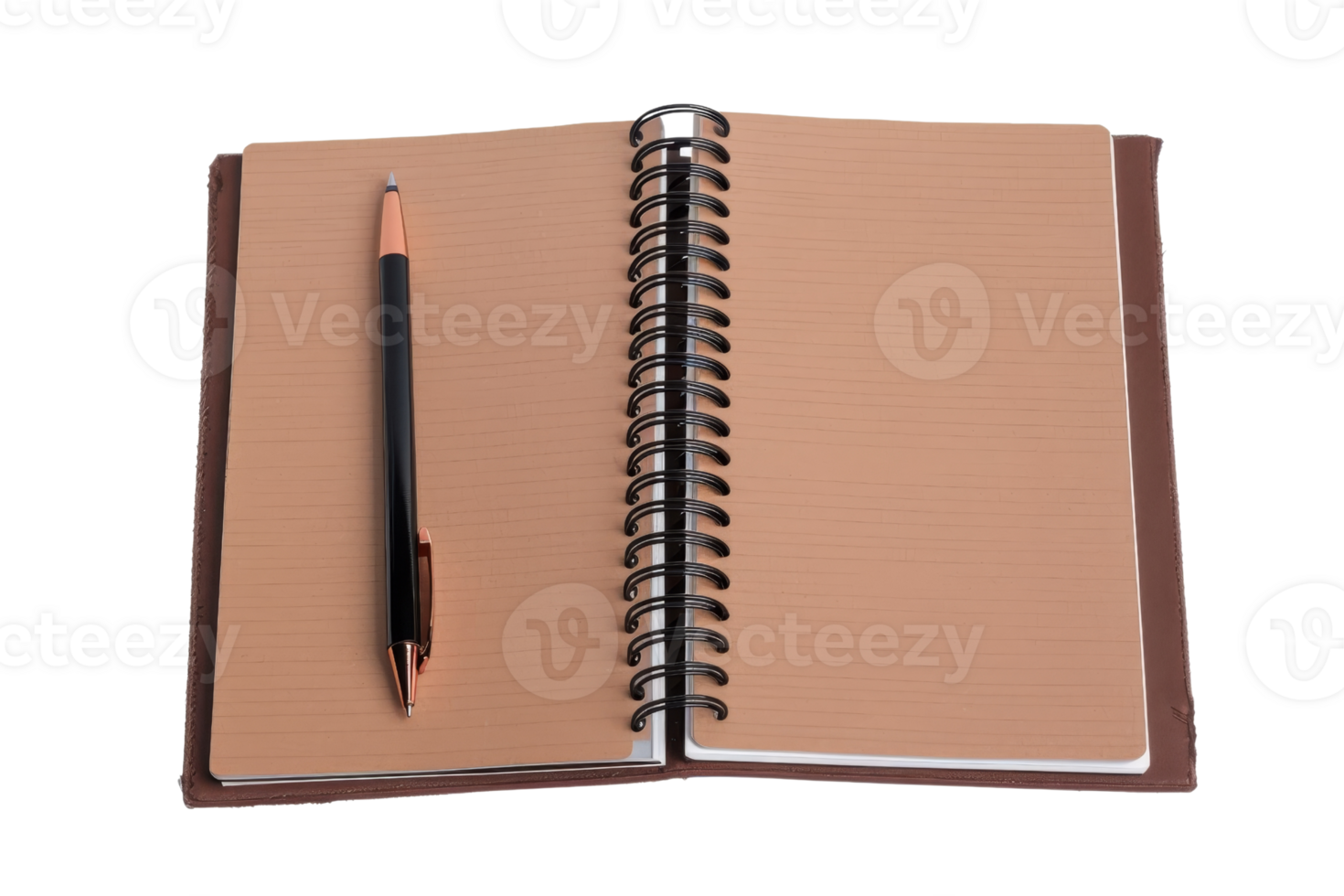 Open spiral bound notebook with pen on lined pages, perfect for note-taking, planning, and journaling, isolated on transparent background. png
