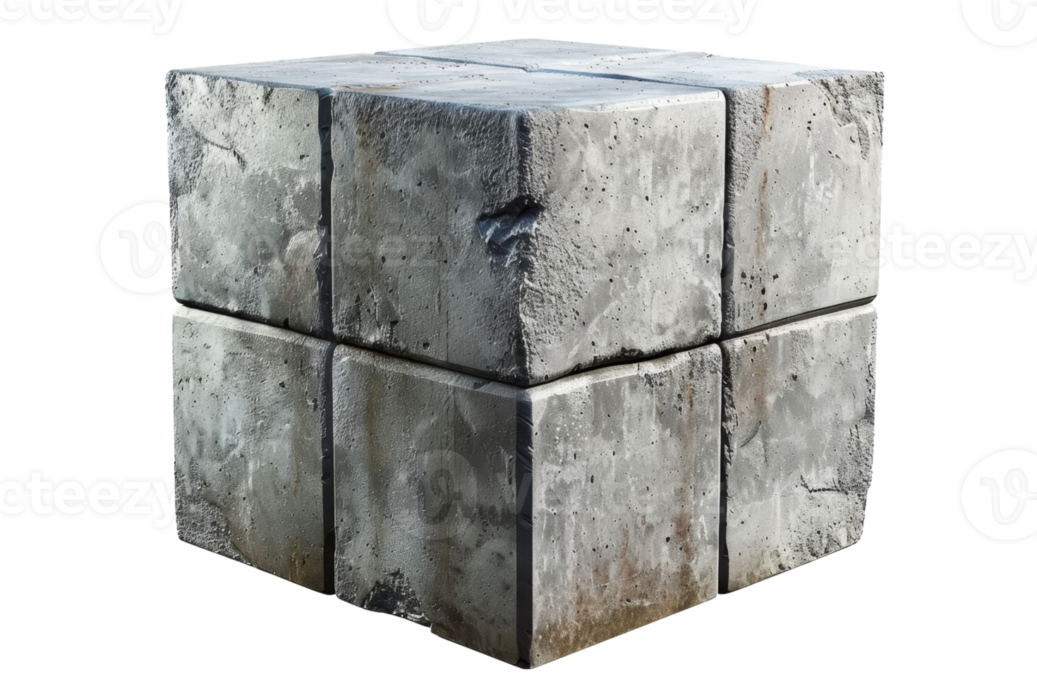 High-resolution image of a weathered concrete cube isolated on a transparent background, showcasing texture and ruggedness. png