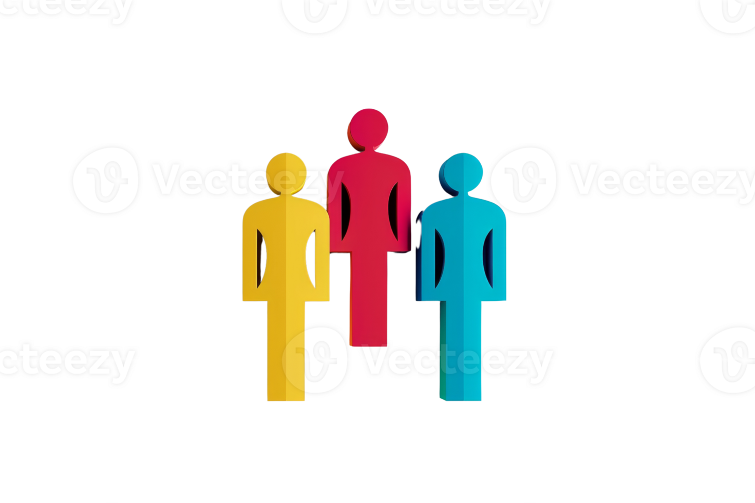 Colorful abstract icon of three human figures in yellow, red, and blue, symbolizing unity, teamwork, and community. png