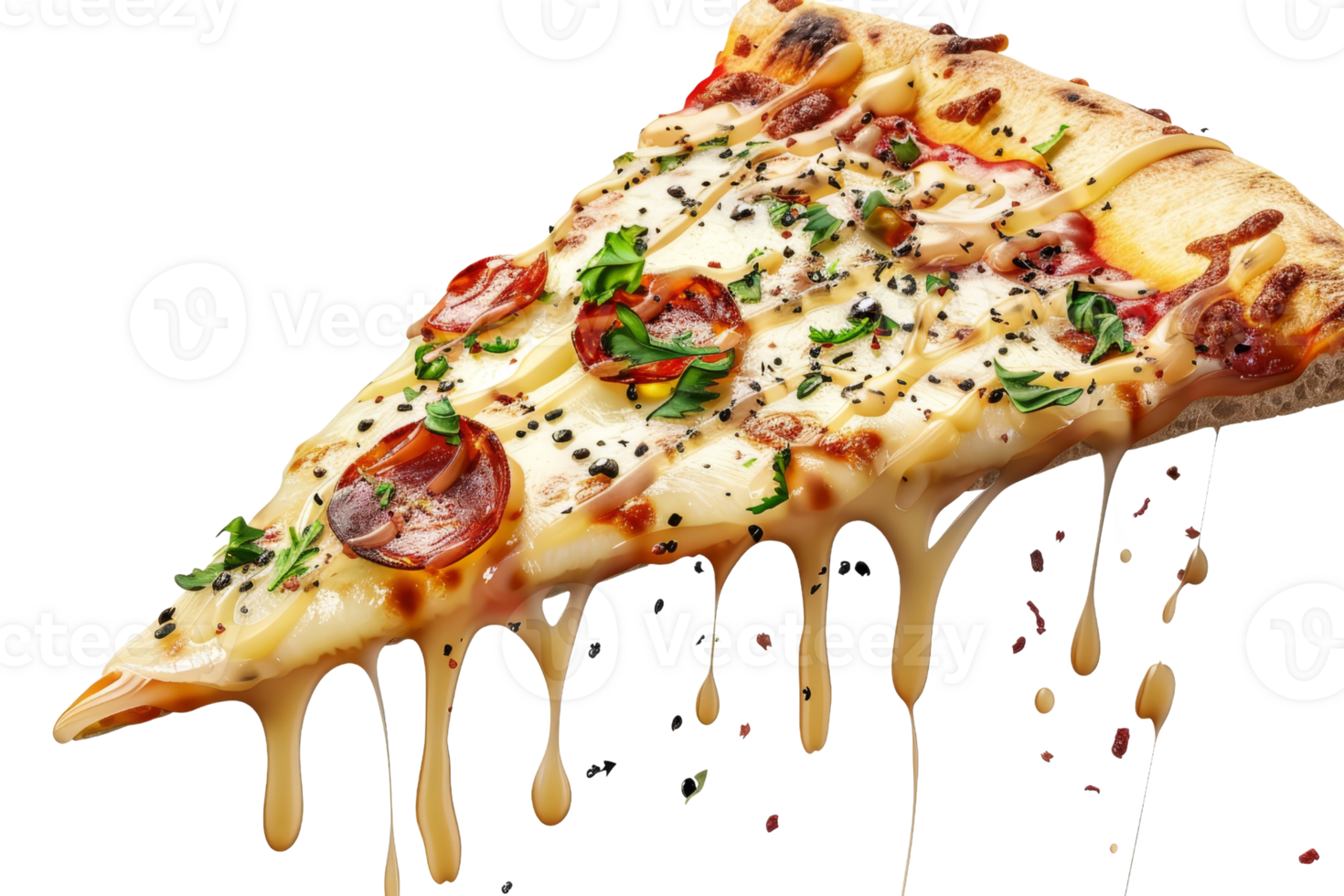 Mouth-watering slice of pizza oozing with cheese, bacon, and herbs, perfect for food enthusiasts and culinary visuals. png