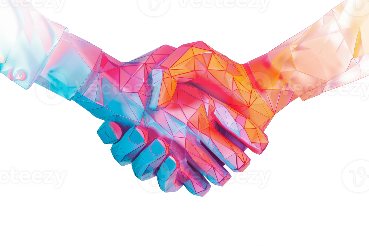 Colorful polygonal handshake representing partnership, unity, and collaboration in modern business and team-building contexts. png