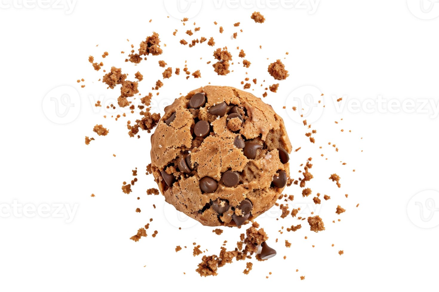 Delicious chocolate chip cookie with crumbs on a transparent background. Perfect for dessert, snack, and bakery-themed designs. png