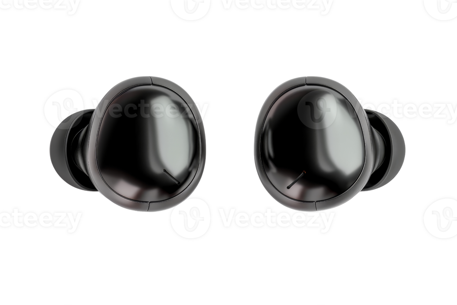 Close-up of sleek black wireless earbuds isolated on transparent background. showcasing modern design and technology for audio enthusiasts. png