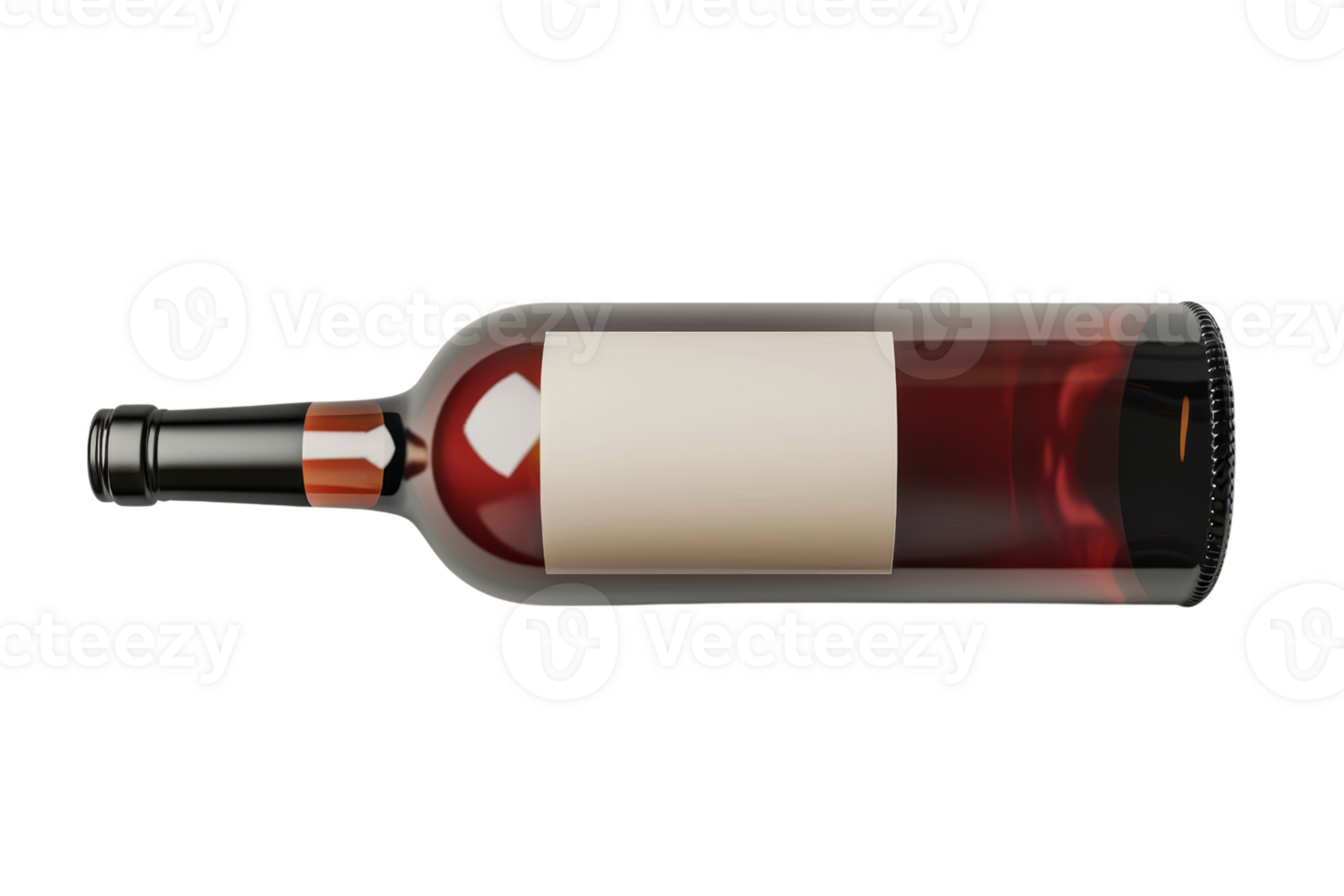 Close-up of a wine bottle with a blank label, lying on its side, ready for branding, marketing, and packaging design purposes. png