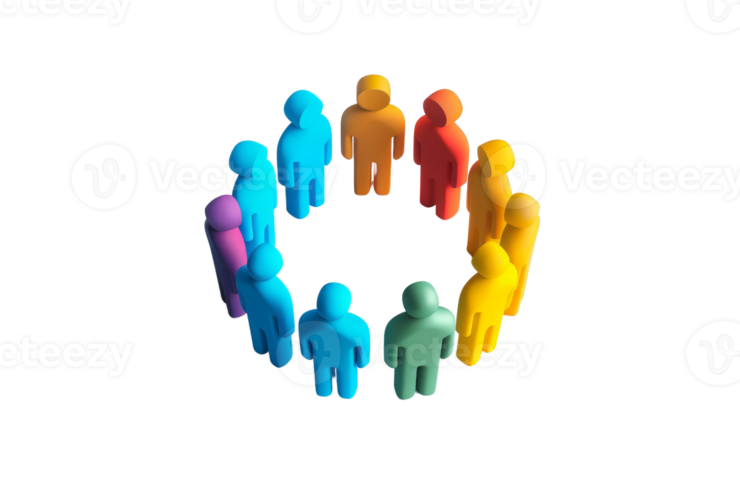Colorful 3D figures arranged in a circle, representing teamwork, unity, collaboration, and community from top view. png
