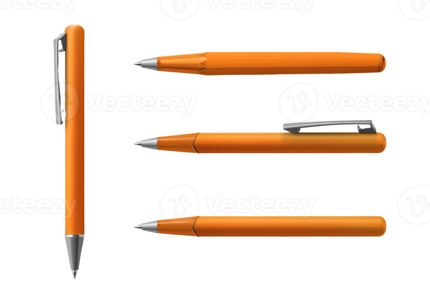 Set of four orange pens with silver clips in various positions. Ideal for office, school, or personal use. Stylish and functional writing tools. png