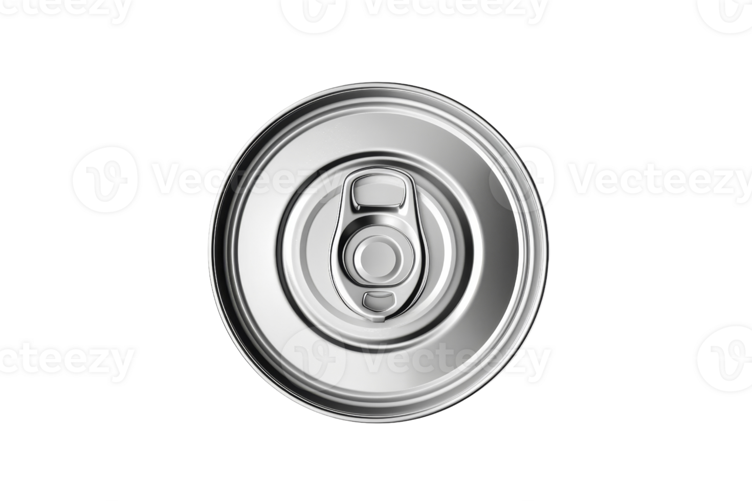 Top view of a metallic soda can top isolated on a transparent background. showing the round tab and clean reflective surface. png