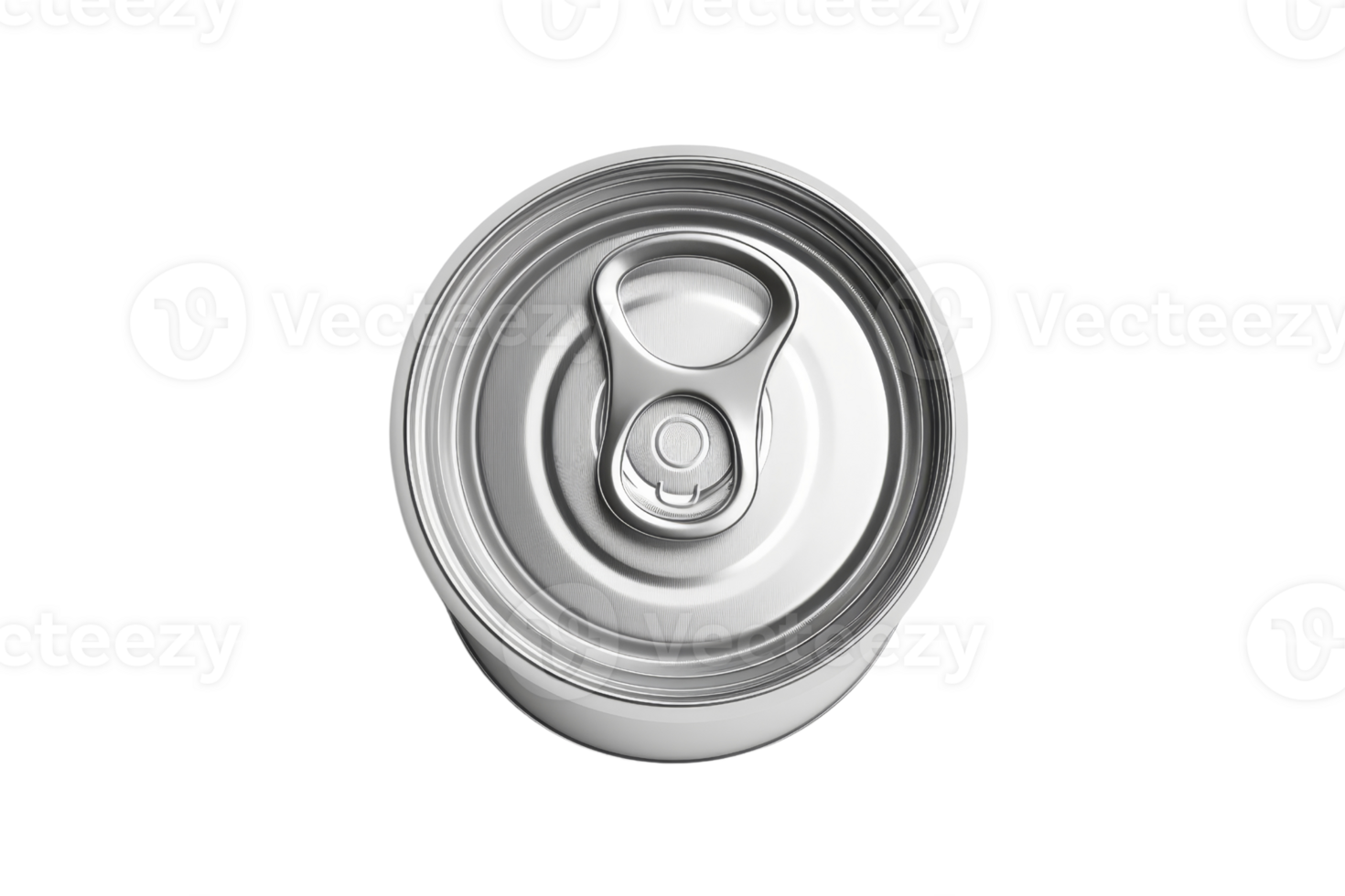 Top view of a silver aluminum beverage can with pull tab, isolated on transparent background. illustrating soda or beer container freshness. png