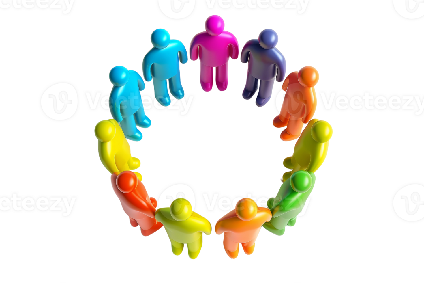 Colorful 3D figures holding hands in a circle symbolizing unity, collaboration, teamwork, and diversity isolated on a transparent background. png