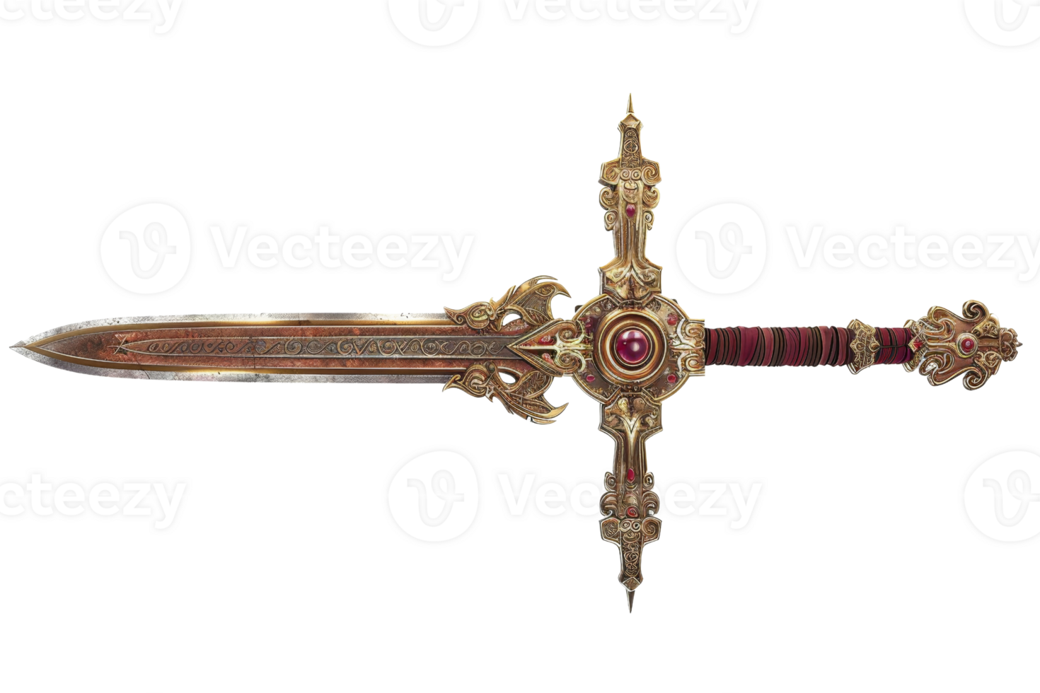 Ornate medieval sword with intricate carvings and jewel-encrusted hilt, isolated on transparent background. Perfect for fantasy or historical themes. png