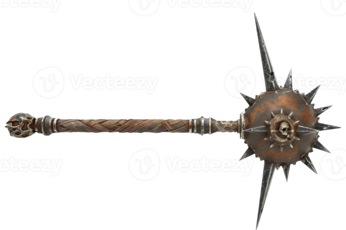 Medieval spiked mace with intricate design, skull motif, and metal spikes, used as a historical weapon and fantasy prop. png