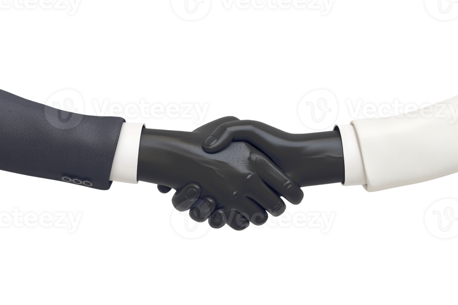 Close-up of two robotic hands, one black and one white, shaking hands symbolizing unity, cooperation, and technological advancement. png
