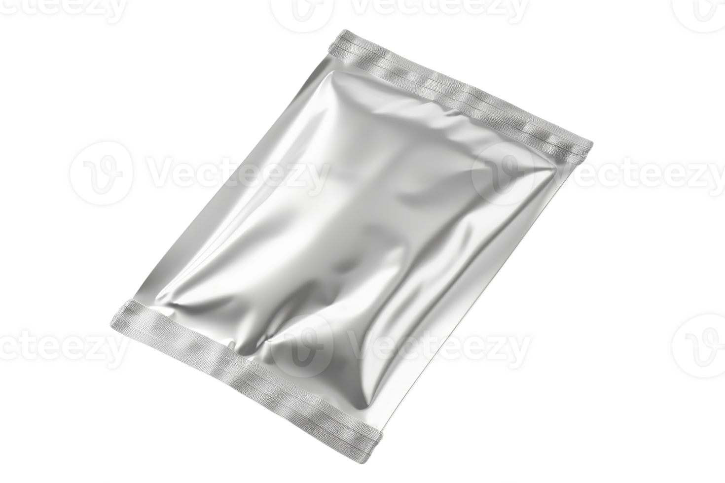 Close-up of a shiny silver foil packet, perfect for packaging, storage, and preserving various products. Isolated on a transparent background. png