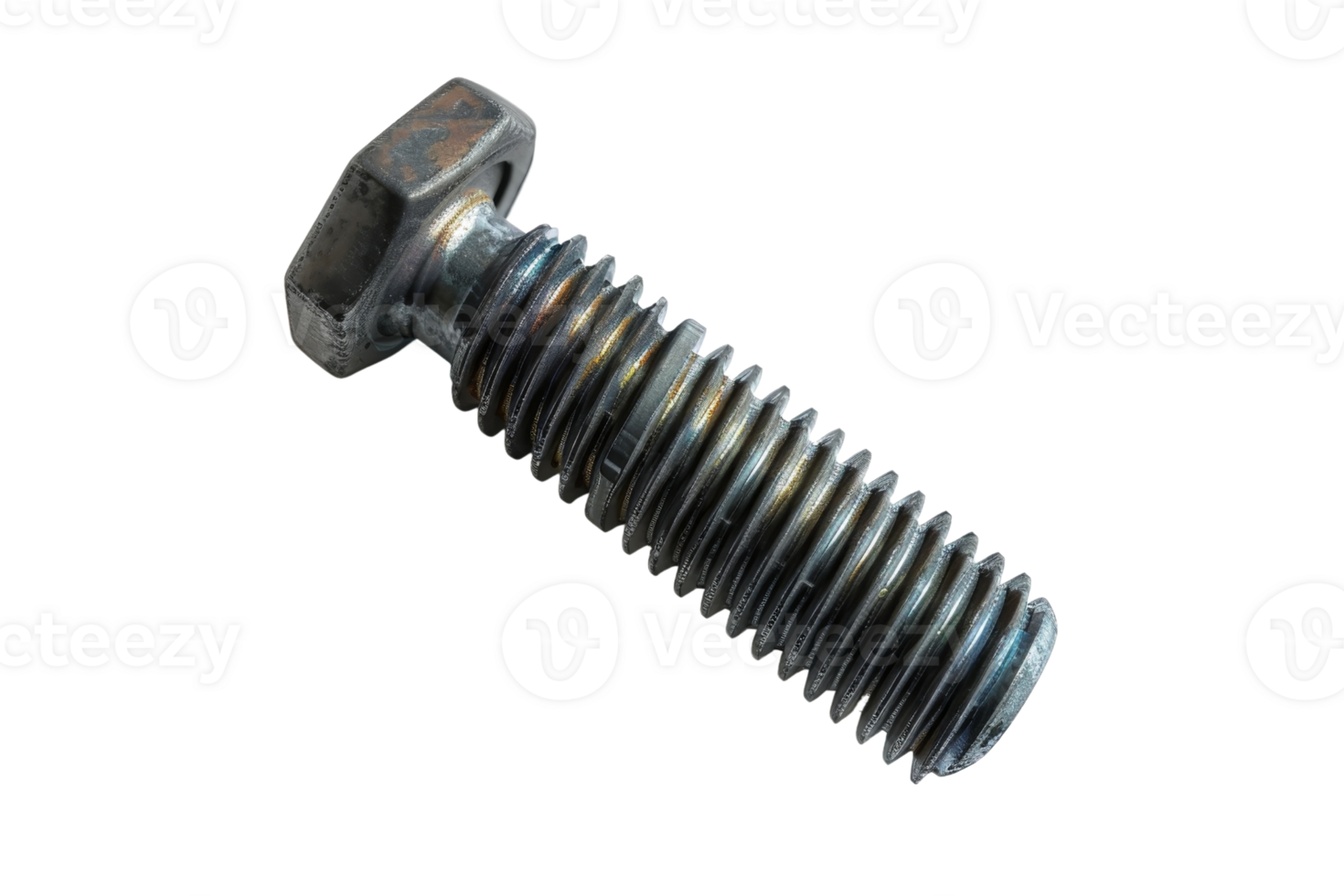 Close-up image of a metallic hex bolt, showing detailed threading and shiny surface, suitable for industry and hardware-related projects. png