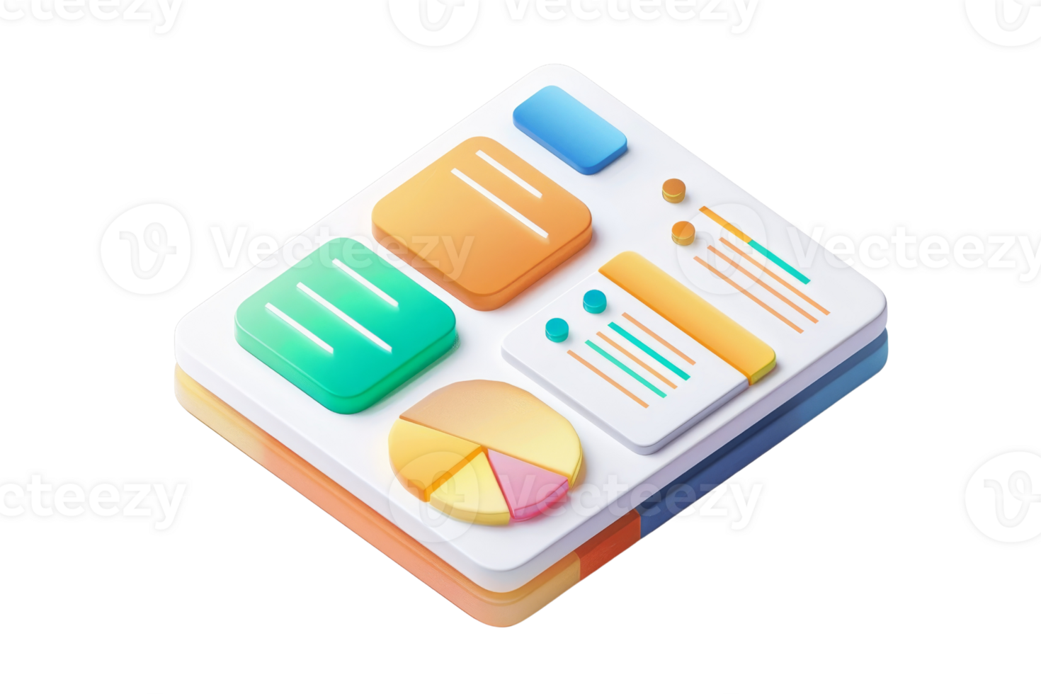 3D illustration of a data visualization dashboard showing bar, pie charts, and analytics for business insights. png