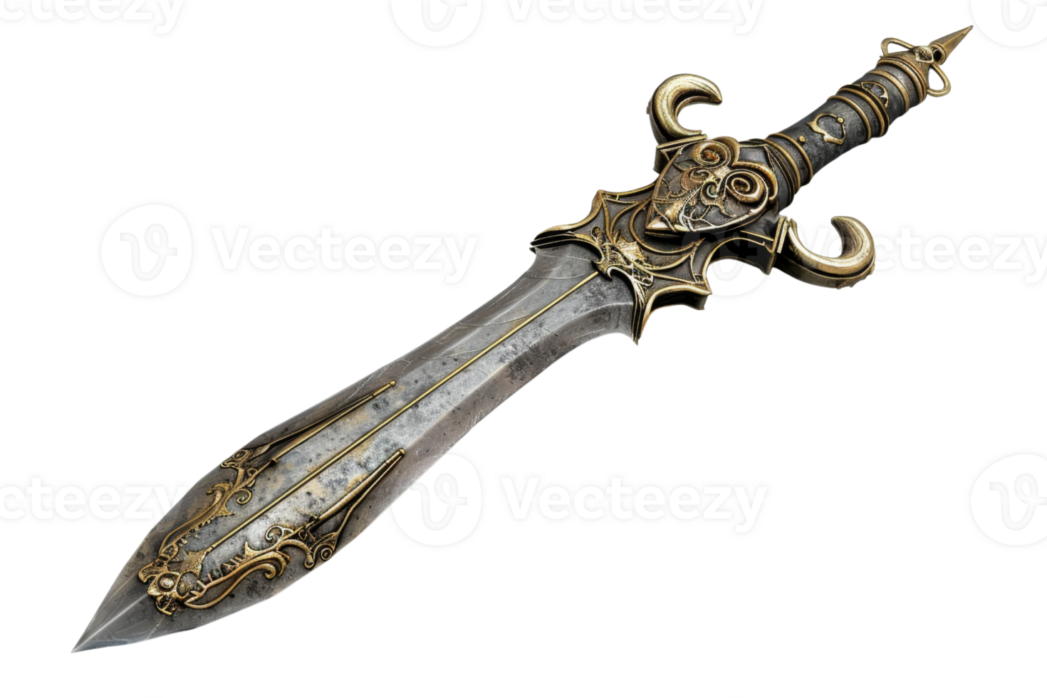 Detailed medieval sword with ornate hilt and blade, perfect for historical, fantasy, and medieval themes. png