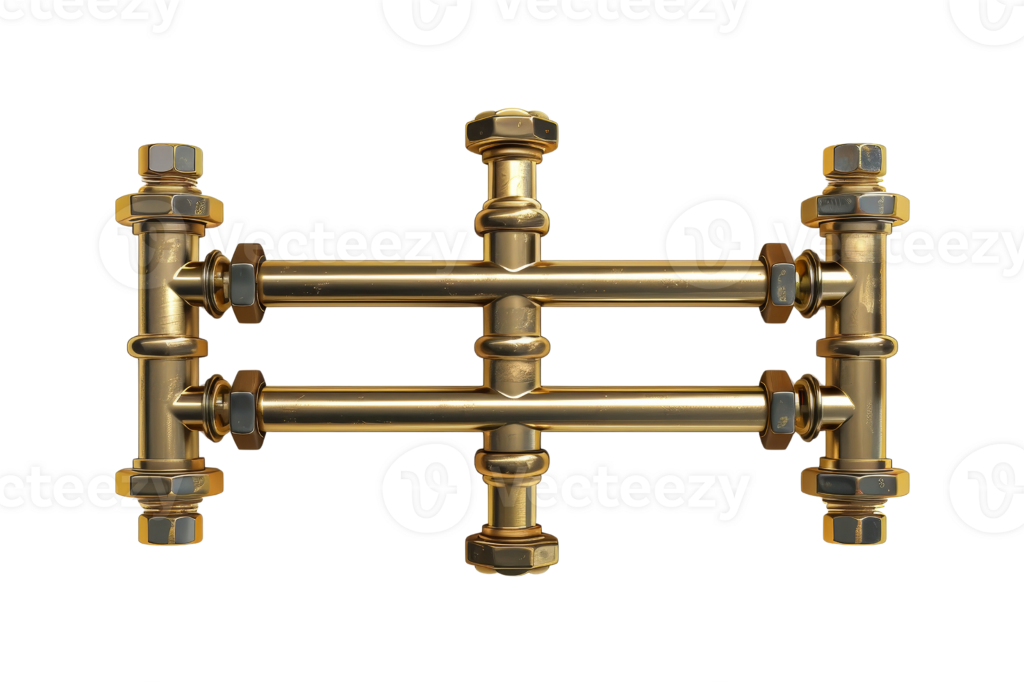 Golden brass pipe fitting with bolts and nuts for plumbing or mechanical use, isolated on transparent background. png