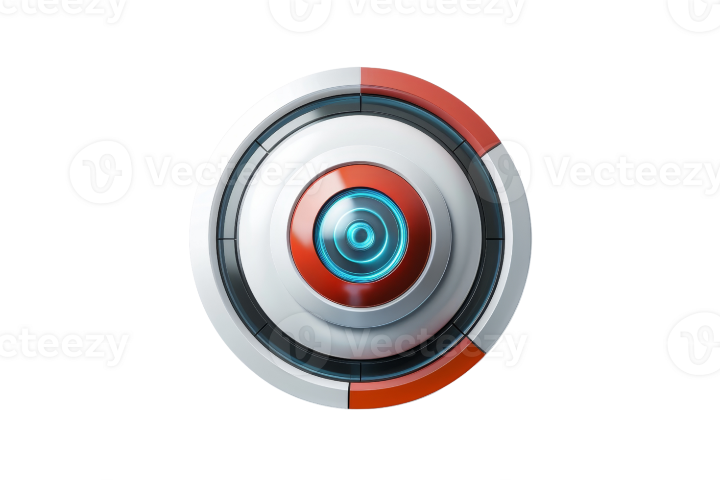 Futuristic circular object with red and white segments, blue glowing core, on a transparent background. resembling advanced technology design. png