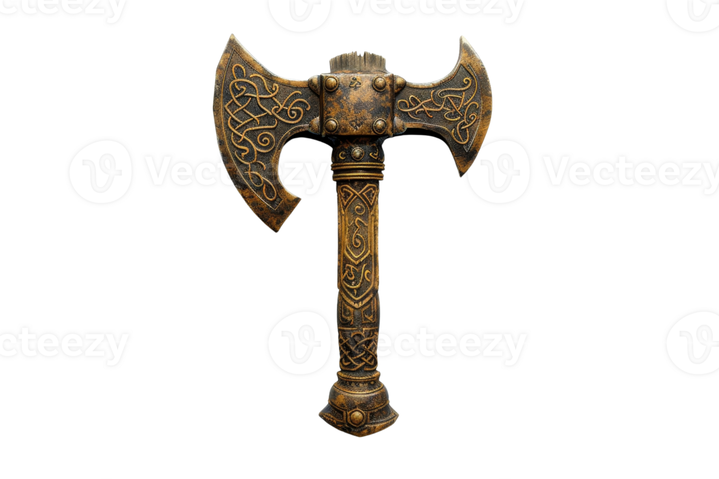 Ornate double-headed battle axe with intricate designs and a rustic finish, embodying medieval craftsmanship and historical weaponry. png