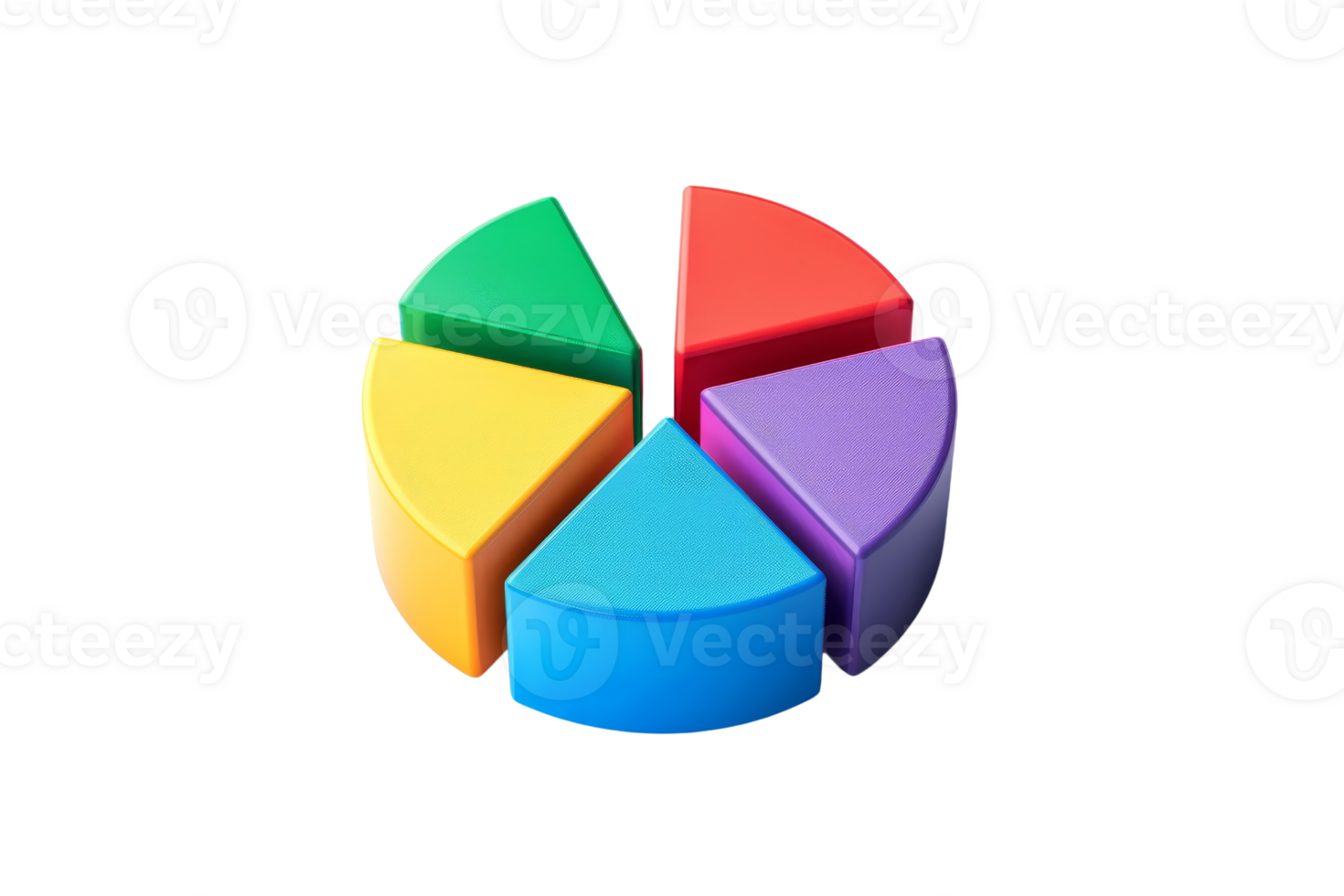 Colorful 3D pie chart illustration with six segments in various colors, ideal for business, statistics, data visualization, and presentations. png